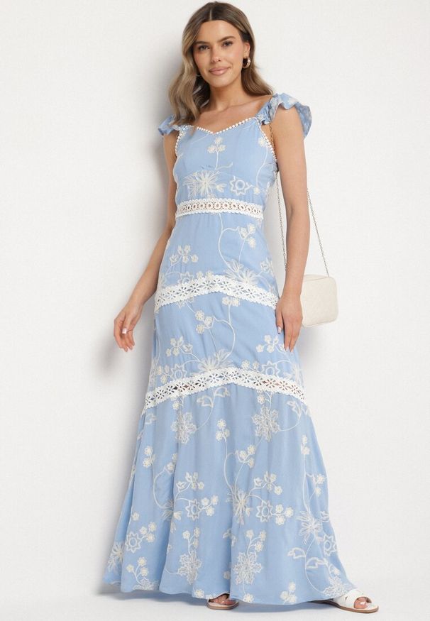 Born2be - Niebieska Wiskozowa Sukienka Ozdobiona Haftami i Falbankami Lumionea. Typ kołnierza: kołnierz z falbankami. Kolor: niebieski. Materiał: wiskoza. Wzór: aplikacja, haft. Styl: elegancki