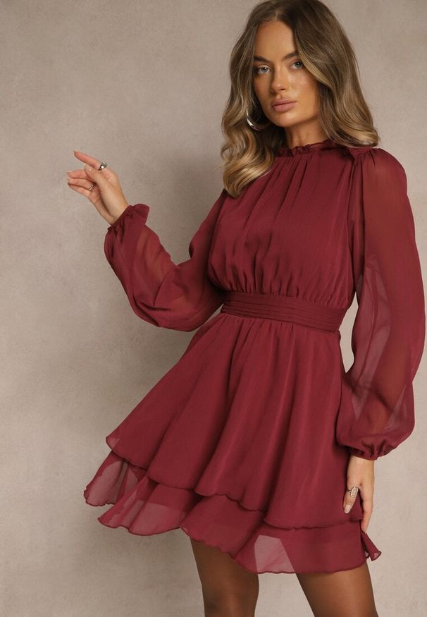 Renee - Bordowa Sukienka z Siateczki o Rozkloszowanym Kroju z Bufiastymi Rękawami Aziva. Okazja: na co dzień. Kolor: czerwony. Materiał: skóra. Typ sukienki: rozkloszowane, proste. Styl: casual