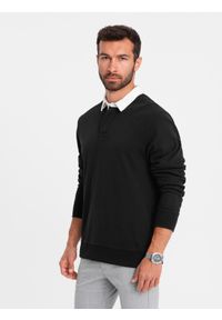 Ombre Clothing - Bluza męska z białym kołnierzykiem polo - czarna V6. Typ kołnierza: polo. Kolor: czarny. Materiał: materiał, bawełna, poliester #1