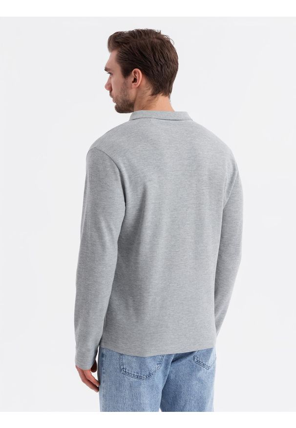 Ombre Clothing - Męski longsleeve z kołnierzykiem polo BASIC – szary melanż V4 - Rozmiar: L. Okazja: do pracy, na co dzień. Typ kołnierza: polo. Kolor: szary. Materiał: bawełna, dzianina. Długość rękawa: długi rękaw. Wzór: melanż. Styl: casual, elegancki