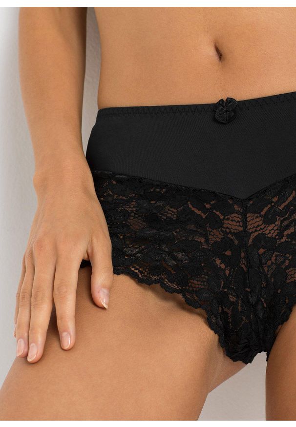 bonprix - Figi panty z wysokim stanem i koronką. Stan: podwyższony. Kolor: czarny. Materiał: koronka. Wzór: koronka