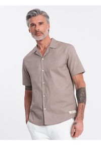 Ombre Clothing - Koszula męska z krótkim rękawem i kubańskim kołnierzem - ciemnobeżowa V3. Okazja: na co dzień. Kolor: beżowy. Materiał: tkanina, bawełna. Długość rękawa: krótki rękaw. Długość: krótkie. Wzór: gładki. Sezon: lato. Styl: klasyczny, casual #7