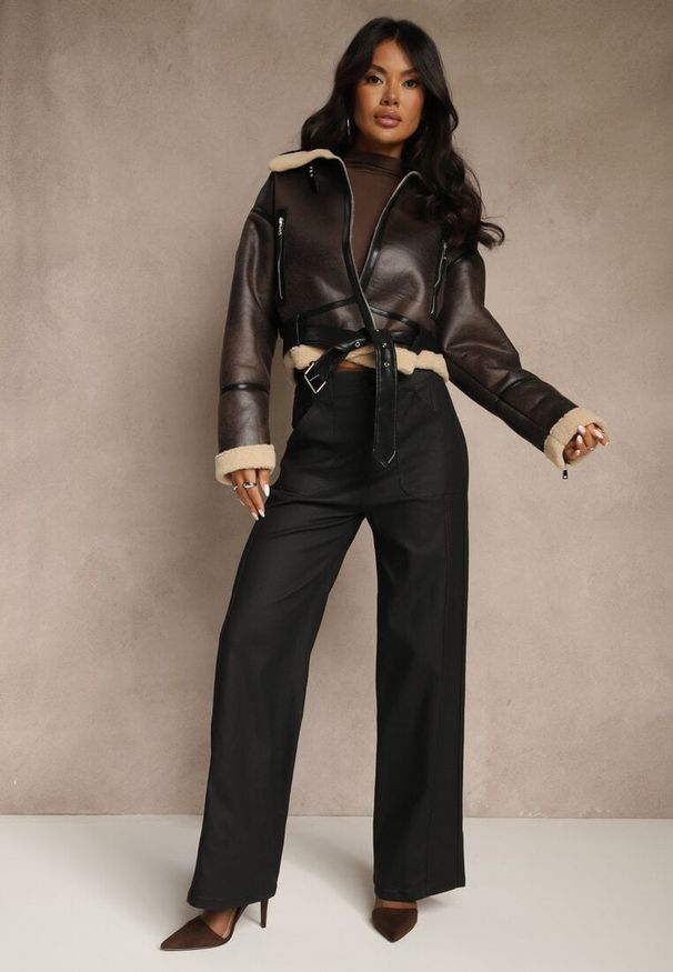 Renee - Czarne Spodnie Wide Leg Regular Waist z Imitacji Skóry Lanavea. Okazja: na co dzień. Kolor: czarny. Materiał: skóra. Styl: elegancki, casual
