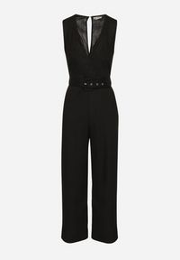 Born2be - Czarny Kopertowy Kombinezon z Bawełny z Gumką w Talii Szerokimi Nogawkami i Paskiem Hralfrea. Okazja: na co dzień. Kolor: czarny. Materiał: bawełna. Styl: casual, elegancki #5