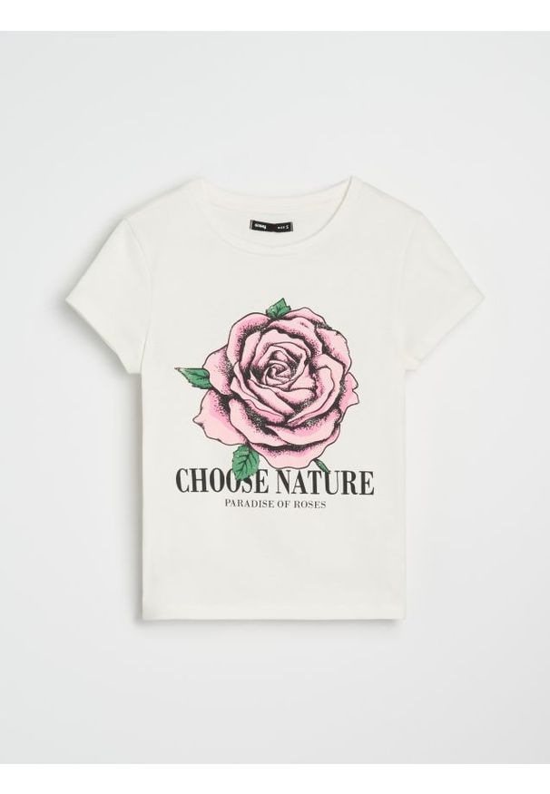 Sinsay - Koszulka z nadrukiem - kremowy. Kolor: kremowy. Wzór: nadruk