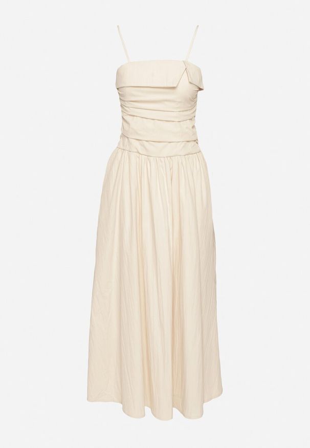 Born2be - Beżowa Wiskozowa Sukienka z Bawełną z Zakładką Atenavia. Okazja: na co dzień. Kolor: beżowy. Materiał: wiskoza, bawełna. Długość rękawa: na ramiączkach. Typ sukienki: proste. Styl: casual, elegancki, klasyczny