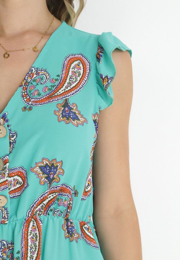 Born2be - Miętowa Rozkloszowana Sukienka z Wiskozy we Wzór Paisley Marinetta. Typ kołnierza: kołnierz z falbankami. Kolor: miętowy. Materiał: wiskoza. Długość rękawa: bez rękawów. Wzór: paisley