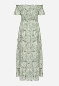 Born2be - Zielona Sukienka Hiszpanka z Bawełny Ozdobiona Falbanką Risalens. Okazja: na spacer, na co dzień. Typ kołnierza: dekolt hiszpanka. Kolor: zielony. Materiał: bawełna. Długość rękawa: krótki rękaw. Wzór: aplikacja. Typ sukienki: proste. Styl: casual #6