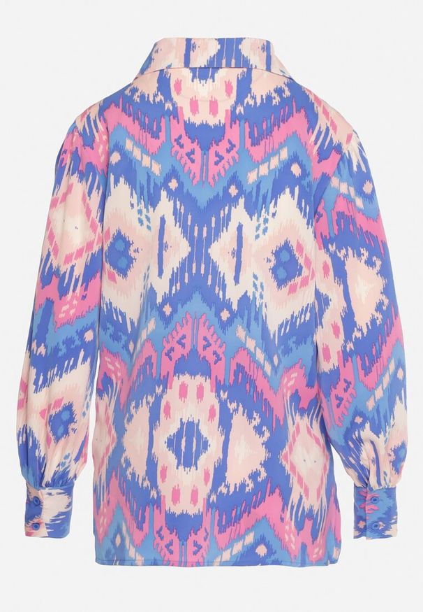 Born2be - Niebieska Koszula z Bufiastymi Rękawami w Etno Wzór Ithilwen. Kolor: niebieski. Styl: etno