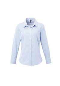 PREMIER - Damska Bawełniana Koszula Z Długim Rękawem W Kratkę Micro Gingham. Okazja: na co dzień. Kolor: niebieski. Materiał: bawełna. Długość rękawa: długi rękaw. Długość: długie. Wzór: kratka. Styl: casual