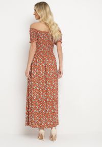 Born2be - Pomarańczowo-Niebieska Sukienka z Wiskozy Cheri. Typ kołnierza: dekolt hiszpanka. Kolor: pomarańczowy. Materiał: wiskoza. Wzór: kwiaty. Sezon: lato. Typ sukienki: rozkloszowane. Długość: maxi #4