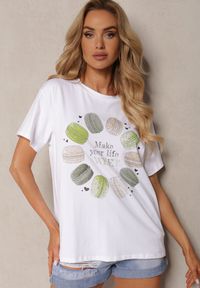 Renee - Biało-Zielony T-shirt z Bawełny z Ozdobnym Nadrukiem i Cyrkoniami Tessera. Kolor: biały. Materiał: bawełna. Wzór: nadruk. Sezon: lato #5