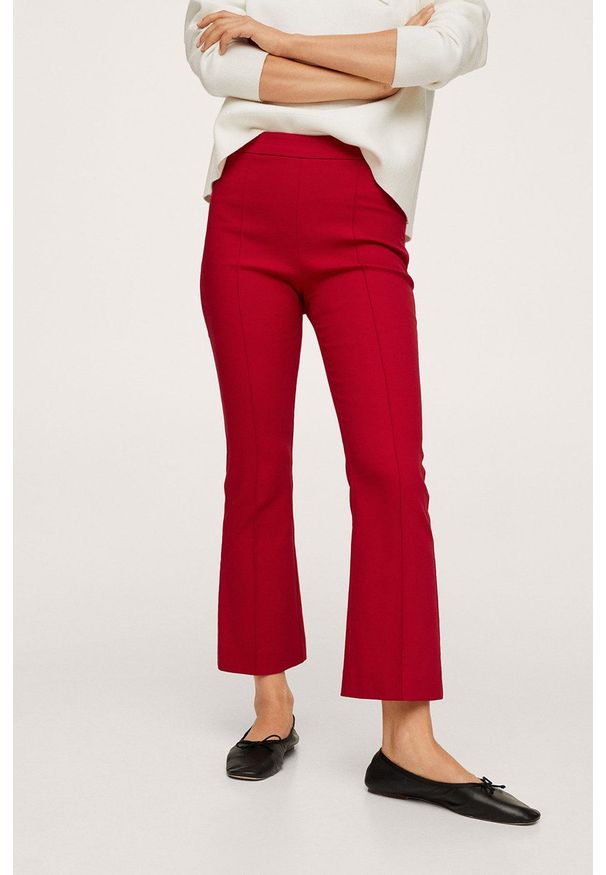 mango - Mango Spodnie damskie kolor czerwony proste high waist. Okazja: na co dzień. Stan: podwyższony. Kolor: czerwony. Materiał: włókno. Styl: casual