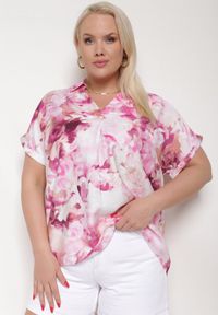 Born2be - Różowo-Biała Koszulowa Bluzka z Bawełną i Ozdobnym Rękawem Risselle. Kolor: różowy. Materiał: bawełna #6