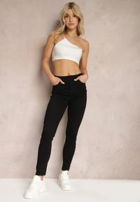 Renee - Czarne Skinny Jeansy Regular Waist z Ozdobnymi Paskami Brokatowymi Nelti. Okazja: na co dzień. Kolekcja: plus size. Kolor: czarny. Wzór: paski. Styl: elegancki, casual, klasyczny