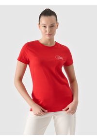4f - T-shirt slim z nadrukiem damski - czerwony. Okazja: na co dzień. Kolor: czerwony. Materiał: bawełna, dzianina, jersey. Wzór: nadruk. Styl: casual, klasyczny, sportowy