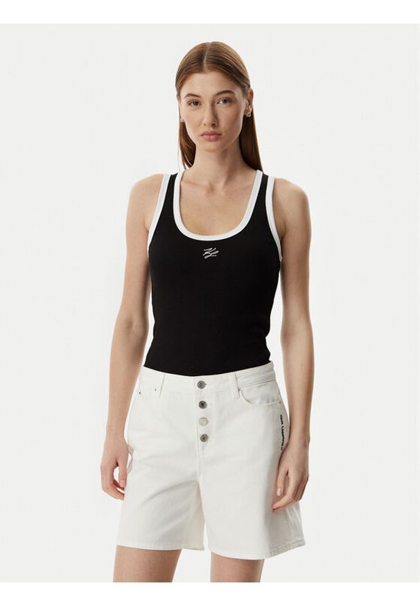 Karl Lagerfeld - KARL LAGERFELD Top B2W17003 Czarny Slim Fit. Typ kołnierza: dekolt w karo. Kolor: czarny. Materiał: bawełna