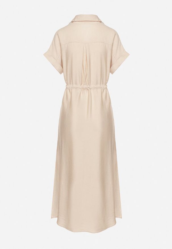 Born2be - Beżowa Sukienka Koszulowa z Wiskozy Wiązana w Pasie Florazi. Okazja: na co dzień. Typ kołnierza: dekolt w serek. Kolor: beżowy. Materiał: wiskoza. Długość rękawa: krótki rękaw. Typ sukienki: koszulowe. Styl: casual, elegancki. Długość: midi