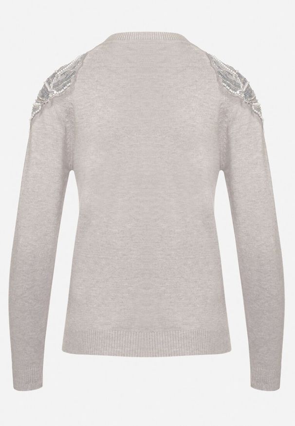 Born2be - Jasnoszary Sweter z Bawełną Ozdobiony Cekinami Leanelwen. Okazja: na co dzień. Kolor: szary. Materiał: bawełna. Wzór: aplikacja. Styl: elegancki, casual