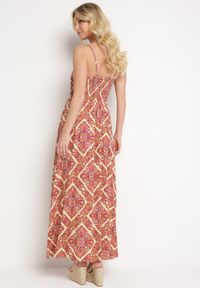 Born2be - Beżowo-Pomarańczowa Wiskozowa Sukienka na Regulowanych Ramiączkach z Gumkami w Pasie Ysilla. Okazja: na co dzień. Typ kołnierza: dekolt w kształcie V. Kolor: beżowy. Materiał: wiskoza. Długość rękawa: na ramiączkach. Sezon: lato. Styl: klasyczny, casual #3