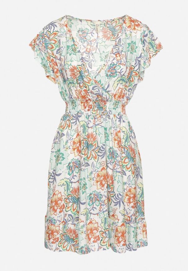 Born2be - Jasnozielona Bawełniana Sukienka w Kwiaty z Kopertowym Dekoltem Rozkloszowana Jenovienna. Okazja: na co dzień. Typ kołnierza: dekolt kopertowy. Kolor: zielony. Materiał: bawełna. Wzór: kwiaty. Typ sukienki: kopertowe. Styl: casual, elegancki