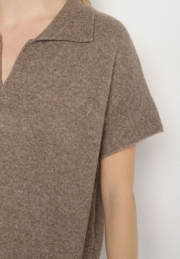 Born2be - Jasnobrązowy Sweter z Wełną z Krótkim Rękawem i Kołnierzykiem Tevalina. Kolor: brązowy. Materiał: wełna. Długość rękawa: krótki rękaw. Długość: krótkie. Styl: elegancki, klasyczny