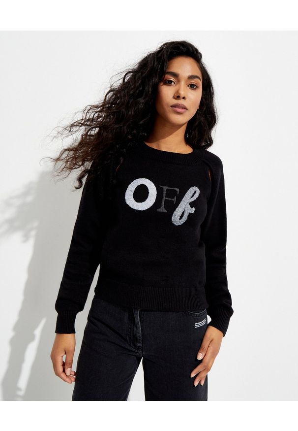 OFF-WHITE - Czarny sweter z logo. Kolor: czarny. Materiał: materiał. Długość rękawa: długi rękaw. Długość: długie. Wzór: aplikacja