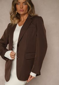Renee - Brązowa Marynarka Jednorzędowa z Guzikami przy Rękawach Rodvire. Okazja: na co dzień. Kolor: brązowy. Materiał: jeans. Styl: klasyczny, casual