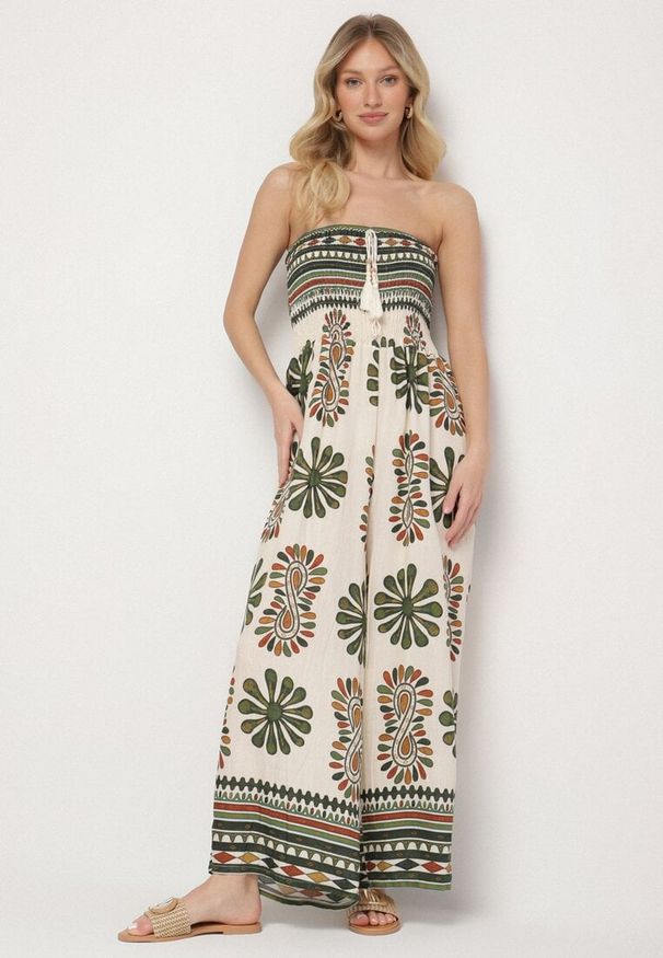 Born2be - Zielono-Kremowy Kombinezon Bez Rękawów z Szeroką Nogawką w Ornamentalny Wzór Mirionia. Okazja: na imprezę, na co dzień. Kolor: zielony. Długość rękawa: bez rękawów. Styl: casual, elegancki
