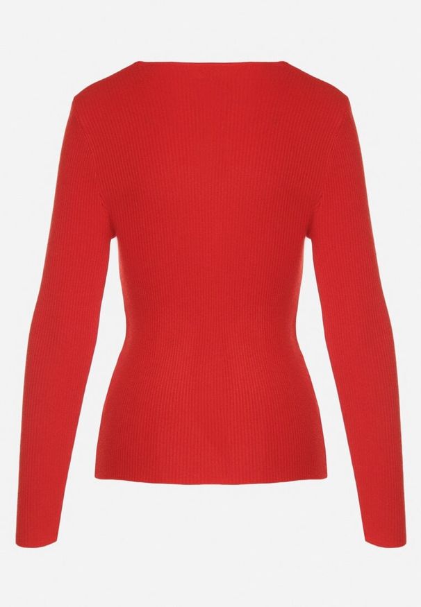 Born2be - Czerwony Dopasowany Sweter z Prążkowanej Dzianiny z Bawełną z Dekoltem w Serek Tesma. Okazja: na co dzień. Typ kołnierza: dekolt w serek. Kolor: czerwony. Materiał: prążkowany, bawełna, dzianina. Długość rękawa: długi rękaw. Długość: długie. Styl: casual, elegancki