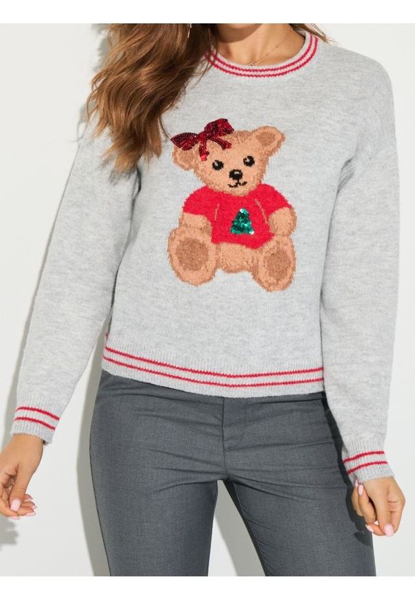 Sinsay - Świąteczny sweter z misiem z domieszką wełny - szary. Kolor: szary. Materiał: wełna. Styl: wizytowy