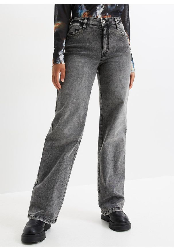 bonprix - Dżinsy Marlena z ćwiekami, high waist. Stan: podwyższony. Kolor: szary