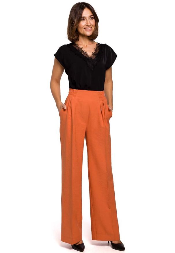 MOE - Pomarańczowe Stylowe Spodnie na Gumie z Szerokimi Nogawkami.. Kolor: pomarańczowy. Materiał: guma. Styl: elegancki