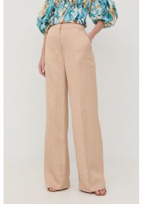 Marciano Guess spodnie z domieszką lnu damskie kolor beżowy szerokie high waist. Stan: podwyższony. Kolor: beżowy. Materiał: len