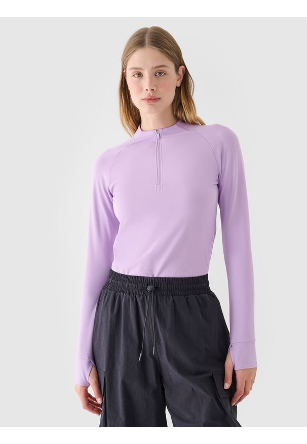 4f - 4F Longsleeve slim gładki damski - fioletowy XL. Okazja: na co dzień. Typ kołnierza: kołnierzyk stójkowy. Kolor: fioletowy. Materiał: wiskoza, jersey, dzianina, materiał, poliamid. Długość rękawa: długi rękaw. Długość: długie. Wzór: gładki. Styl: klasyczny, sportowy, casual