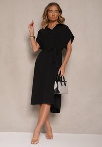 Renee - Czarna Pudełkowa Sukienka z Bawełną i Paskiem Savorienne. Okazja: na co dzień. Kolor: czarny. Materiał: bawełna. Styl: elegancki, casual #3