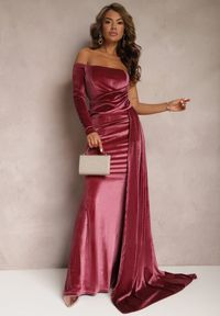 Renee - Różowa Asymetryczna Sukienka Maxi z Ozdobnym Marszczeniem i Trenem Cirielle. Kolor: fioletowy. Typ sukienki: asymetryczne. Długość: maxi #5