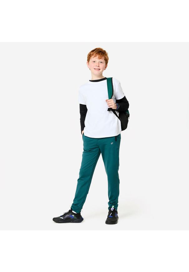 DOMYOS - Spodnie dresowe dla dzieci Domyos. Kolekcja: plus size. Kolor: niebieski, zielony, czarny, wielokolorowy. Materiał: materiał, elastan, poliester. Sport: joga i pilates