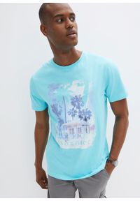 bonprix - T-shirt w specjalnym wygodnym fasonie, z fotodrukiem, z bawełny organicznej. Kolor: niebieski. Materiał: bawełna