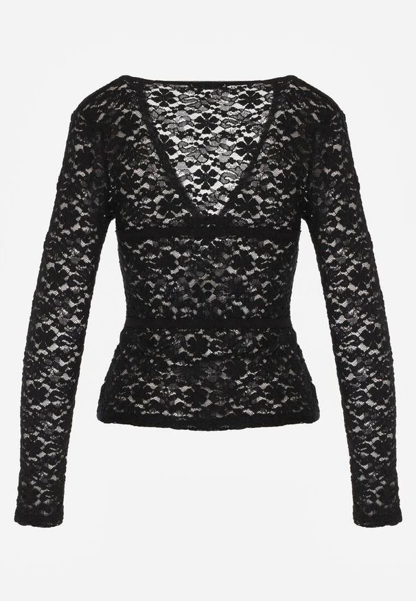 Renee - Czarna Bluzka Longsleeve z Koronki z Dekoltem w Kształcie Litery V Lerafera. Typ kołnierza: dekolt w kształcie V. Kolor: czarny. Materiał: koronka. Długość rękawa: długi rękaw. Wzór: koronka. Styl: rockowy