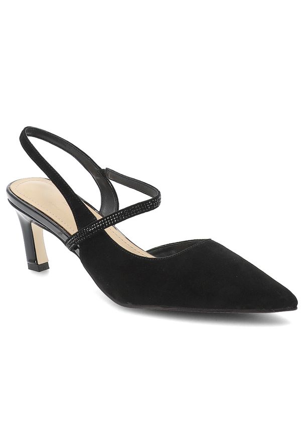 Czółenka damskie S.Barski, cholewka ze skóry naturalnej zamszowej elegancki fason slingback na stabilnym obcasie, czarne, CR61-3048. Kolor: czarny. Materiał: skóra, zamsz. Szerokość cholewki: normalna. Obcas: na obcasie. Styl: elegancki. Wysokość obcasa: średni
