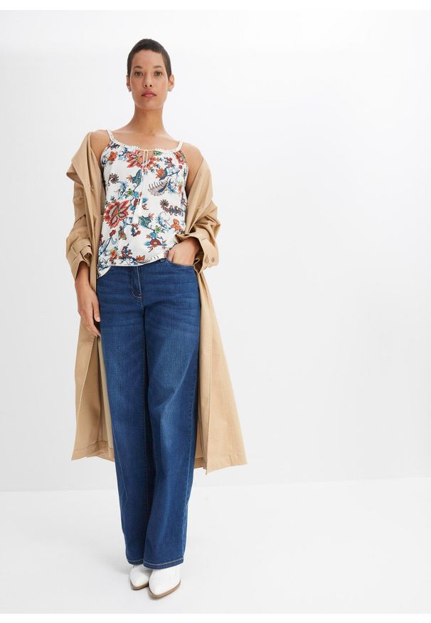 bonprix - Top shirtowy w kwiaty. Kolor: biały. Materiał: koronka. Długość rękawa: na ramiączkach. Wzór: kwiaty