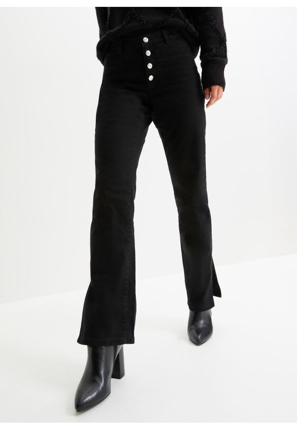 bonprix - Spodnie twillowe ze stretchem i rozcięciem. Kolor: czarny. Styl: elegancki