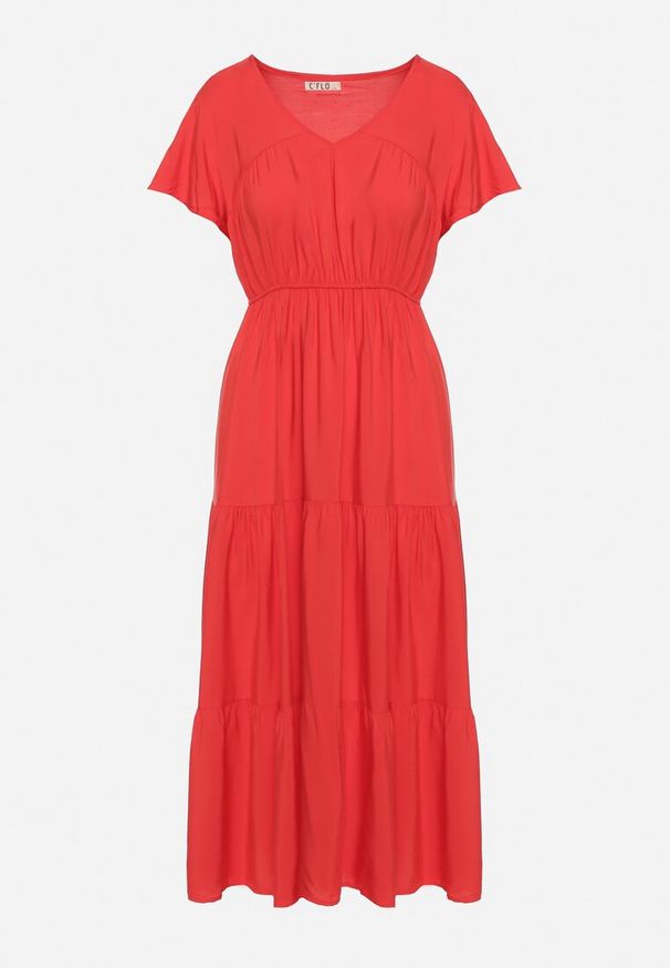 Born2be - Czerwona Sukienka z Wiskozy o Rozkloszowanym Kroju Folky. Okazja: na co dzień. Typ kołnierza: dekolt w kształcie V. Kolor: czerwony. Materiał: wiskoza. Styl: casual, elegancki