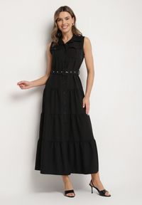 Born2be - Czarna Koszulowa Sukienka Ozdobiona Paskiem Mavorelle. Okazja: na co dzień. Kolor: czarny. Wzór: aplikacja. Typ sukienki: koszulowe. Styl: casual, elegancki