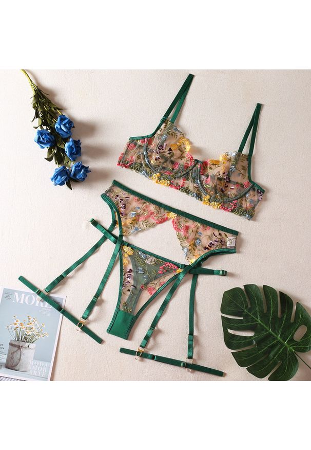 Intica - Bielizna damska z haftem na romantyczne wieczory Euron. Kolor: zielony. Materiał: materiał. Wzór: haft