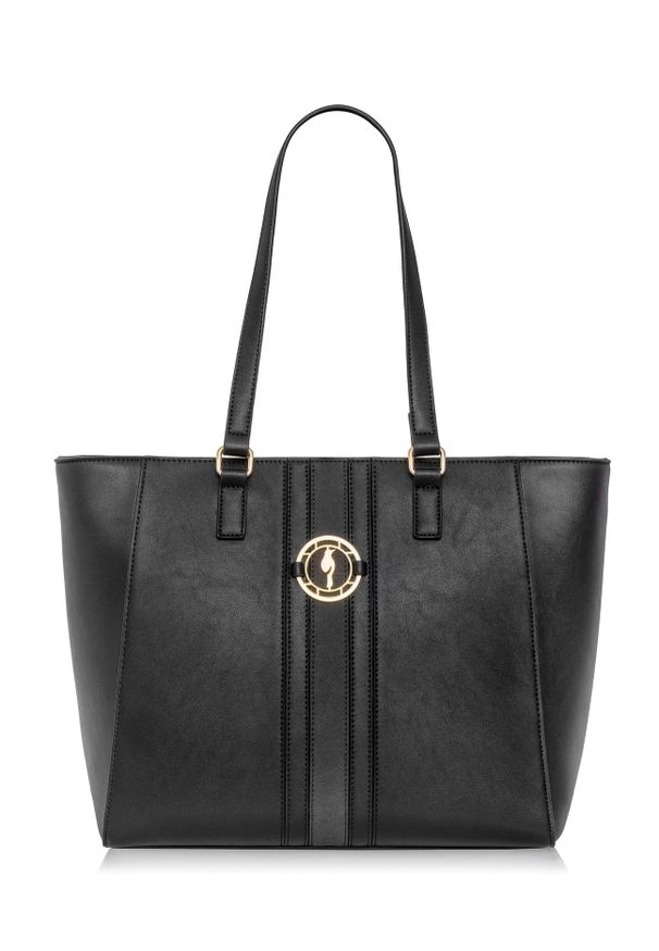 Ochnik - Torebka damska z lampasami i logo. Kolor: czarny. Wzór: aplikacja. Materiał: skórzane. Rodzaj torebki: na ramię