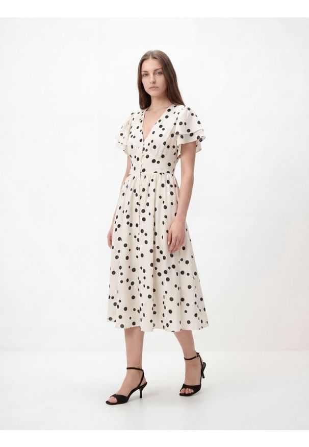 Reserved - Sukienka midi z modalem - złamana biel. Materiał: tkanina. Długość: midi