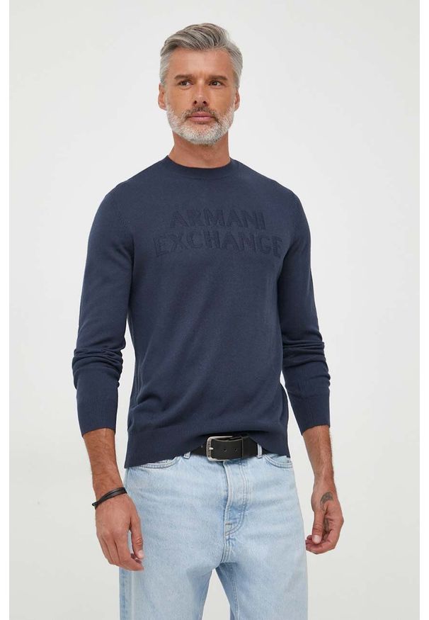 Armani Exchange sweter wełniany męski kolor granatowy lekki. Kolor: niebieski. Materiał: wełna