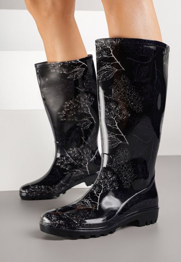 Born2be - Czarne Klasyczne Kalosze Zdobione Roślinnym Printem Qurene. Okazja: na spacer. Kolor: czarny. Materiał: jeans. Wzór: nadruk, aplikacja. Styl: klasyczny